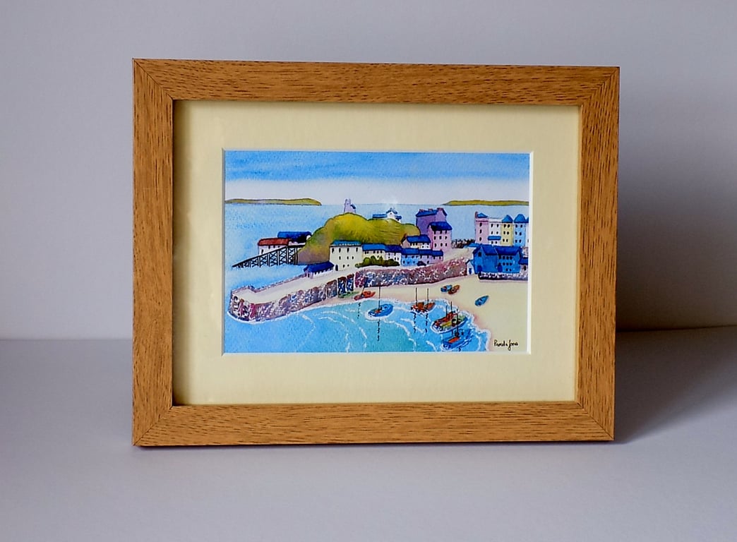 Tenby Harbour, Pembrokeshire, West Wales, a Watercolour Print in 8 x 6 '' Frame 