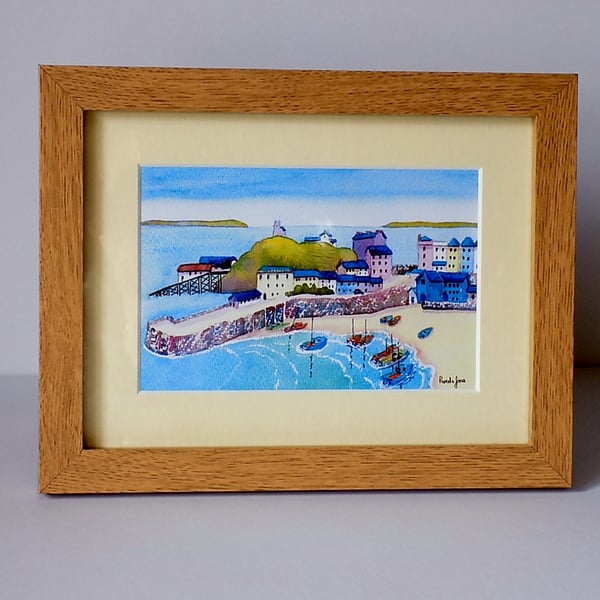 Tenby Harbour, Pembrokeshire, West Wales, a Watercolour Print in 8 x 6 '' Frame 