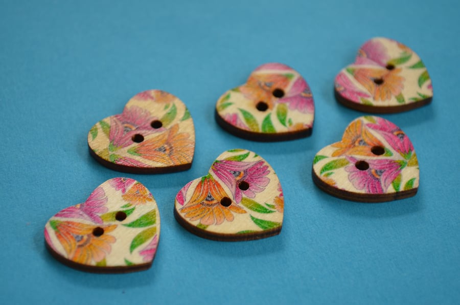 Wooden Heart Buttons Floral Pink Yellow Green Coloured 6pk 25x22mm (H21)