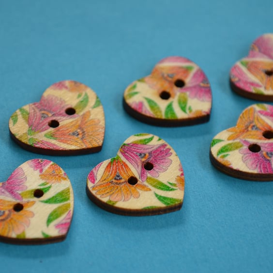 Wooden Heart Buttons Floral Pink Yellow Green Coloured 6pk 25x22mm (H21)