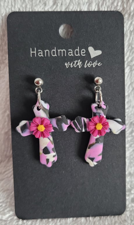 Handmade Polymer Clay Pink, Black and White Cross Earrings. 316 Stainless Steel