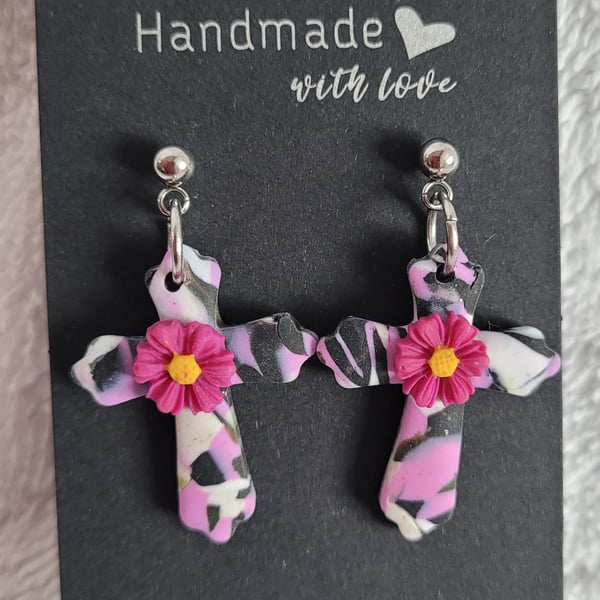 Handmade Polymer Clay Pink, Black and White Cross Earrings. 316 Stainless Steel