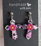 Handmade Polymer Clay Pink, Black and White Cross Earrings. 316 Stainless Steel