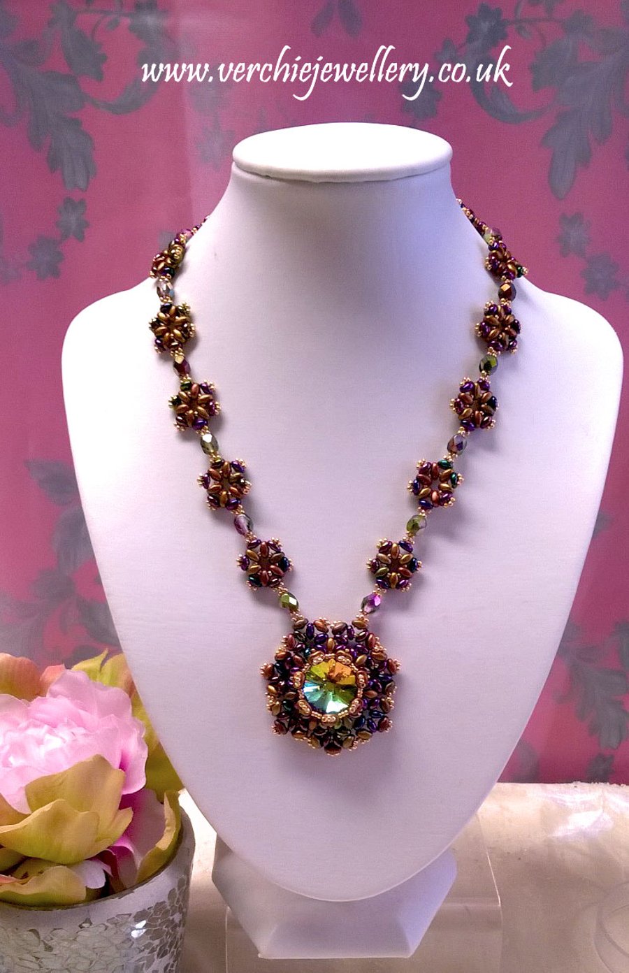 Purple & Antique Gold, Regal Crystal Beadwork Necklace 