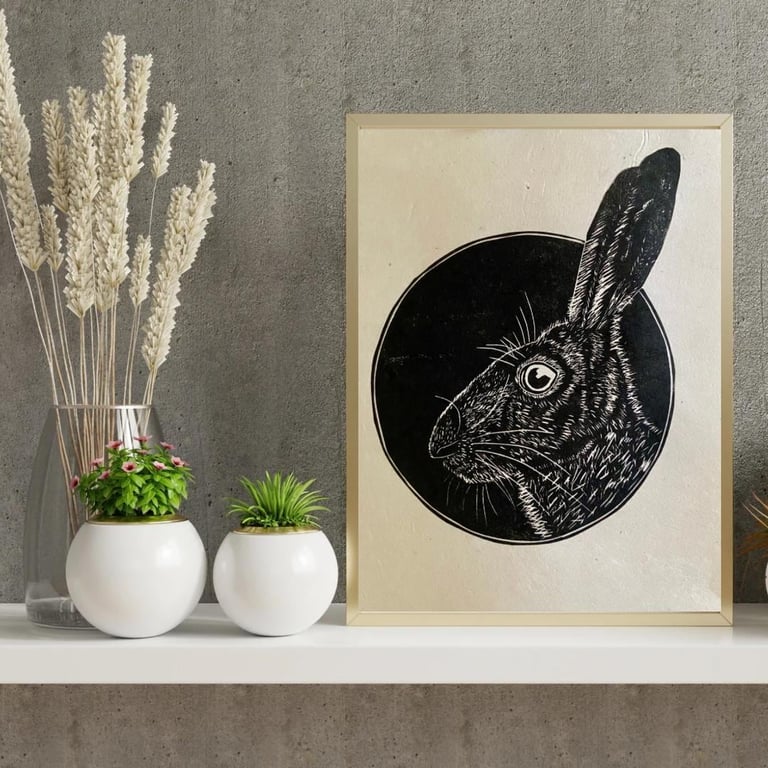 Hare Linoprint: Hand-Burnished Lino Cut on Lokta Paper