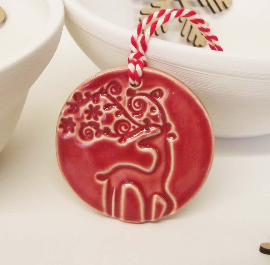 Small red ceramic stag decoration pottery stag Christmas decoration