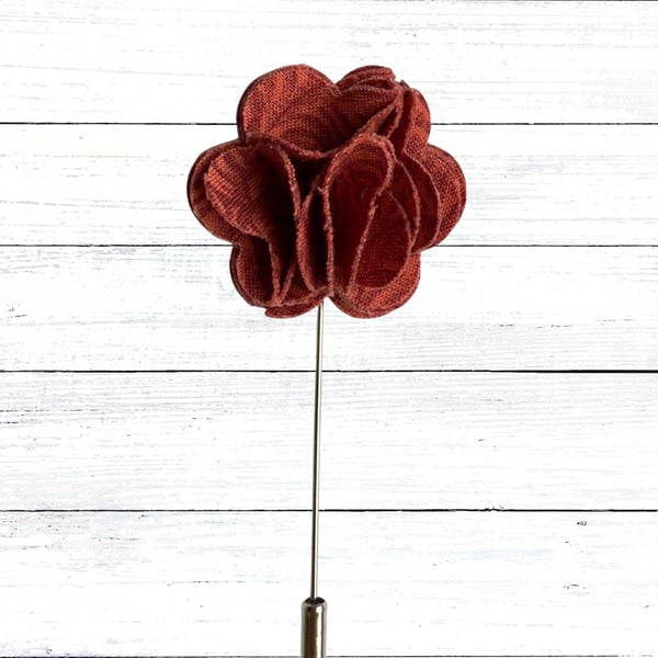Flower Lapel Pin - Deep Orange Red Fabric, Perfect for Wedding 