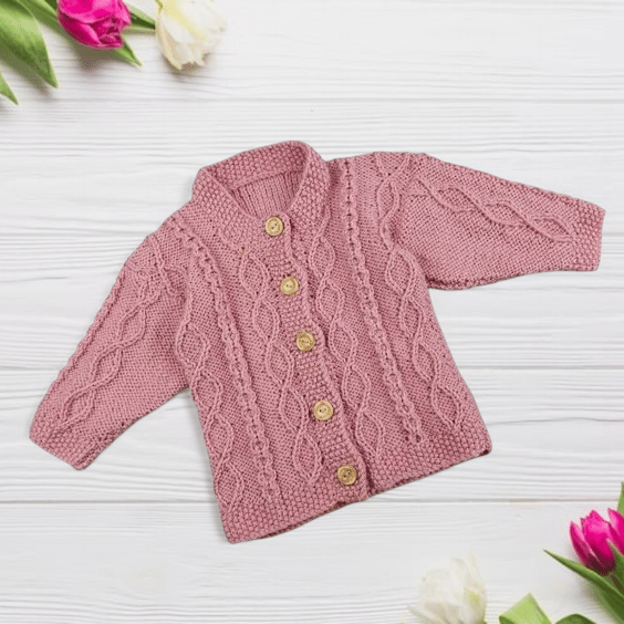 Hand Knitted Rose Pink Baby Cardigan with Cable Knit and Wooden Buttons
