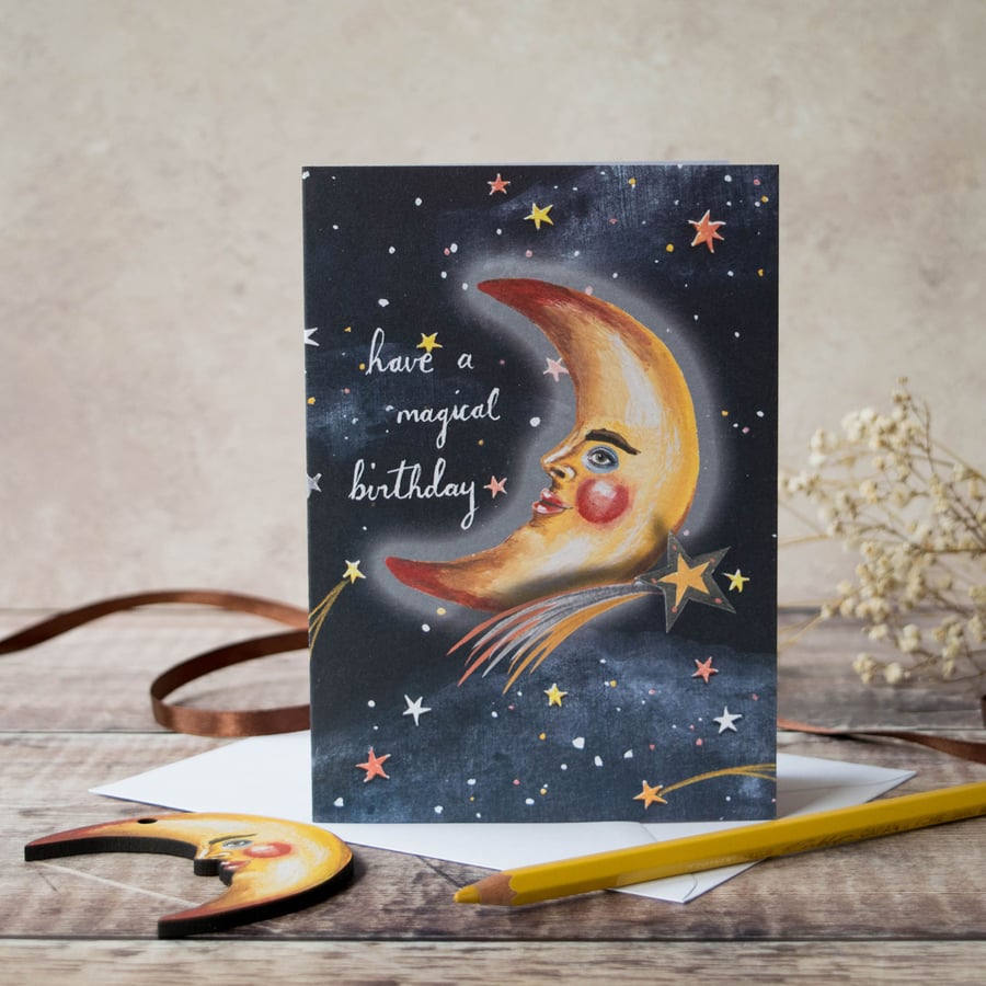 A6 card- Crescent moon man with shooting star. Birthday card