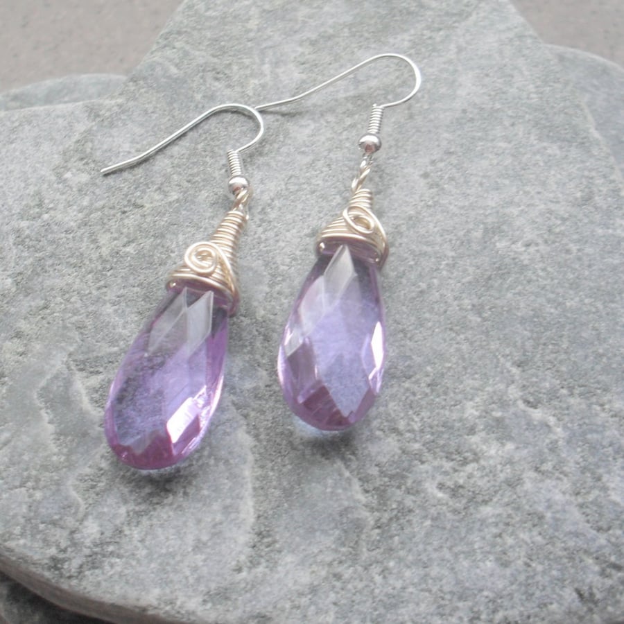 Lilac Crystal Wire Wrapped Drop Earrings 