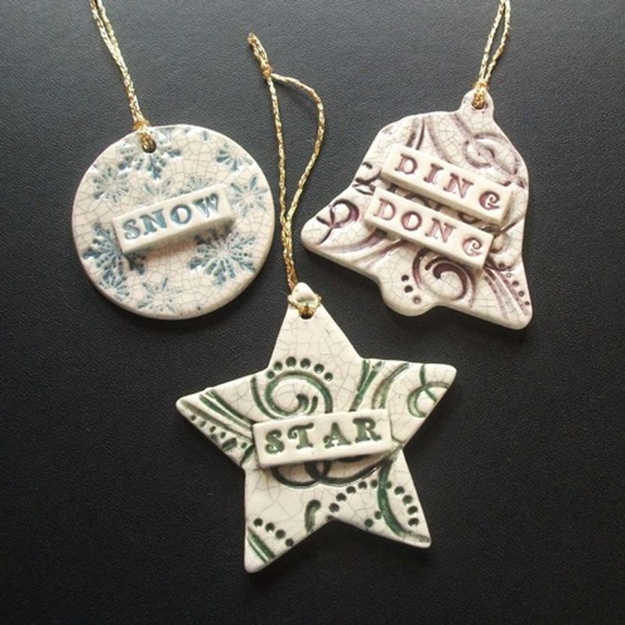 Set of 3 vintage style ceramic Xmas decorations