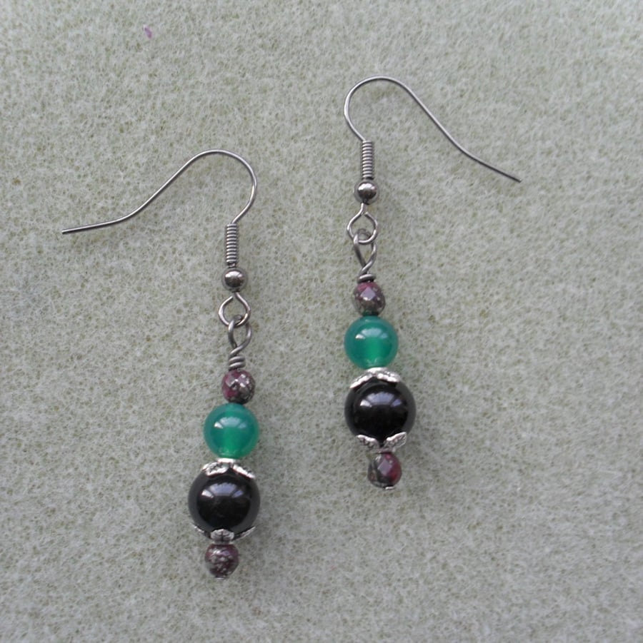 Earrings With Black Onyx , Green Agate and Marcasite Black Tone