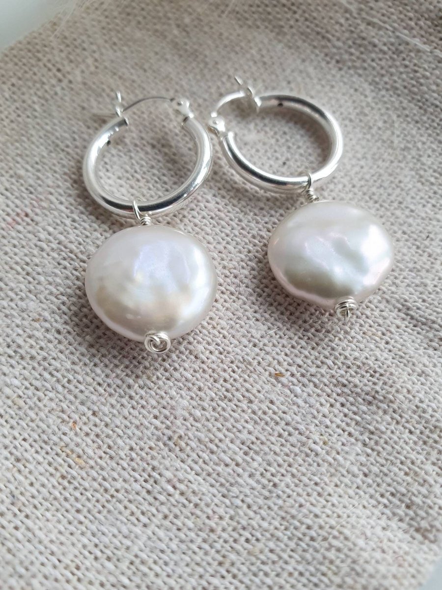 Coin pearl and sterling silver dainty hoop earrings