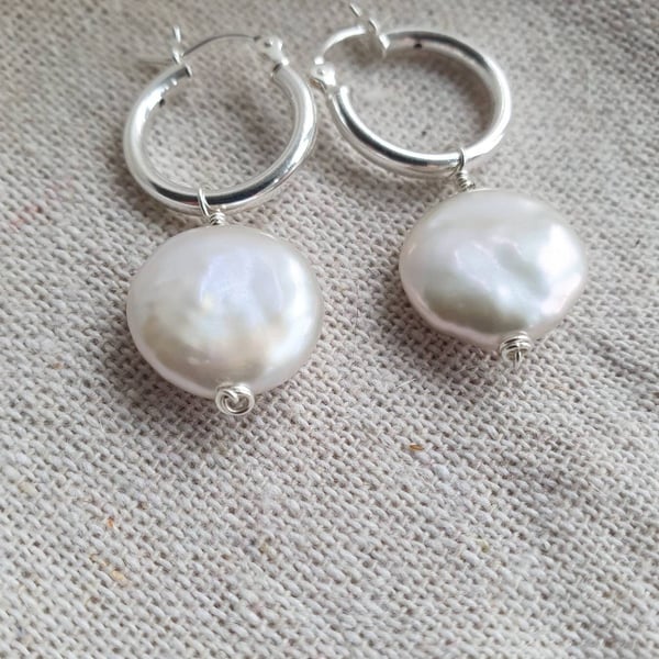 Coin pearl and sterling silver dainty hoop earrings