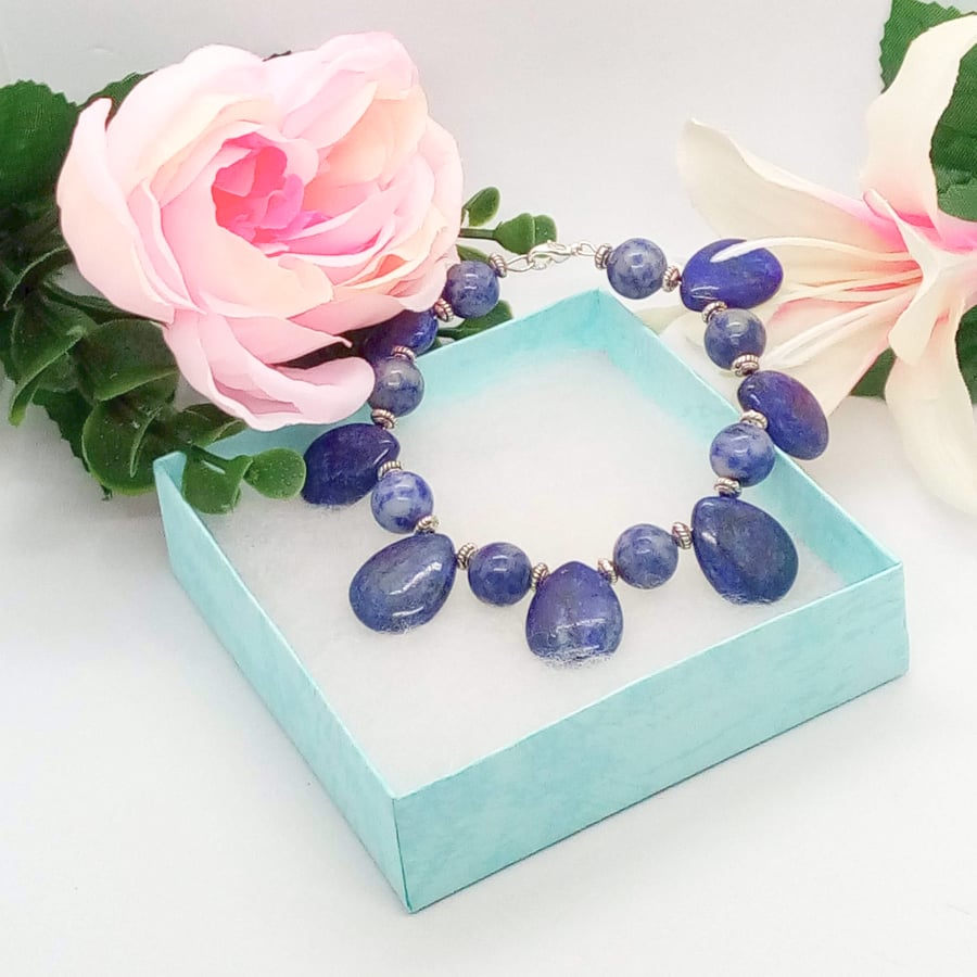 Lapis Lazuli Beaded Bracelet With Silver Plated Spacers, Semi Precious Bracelet