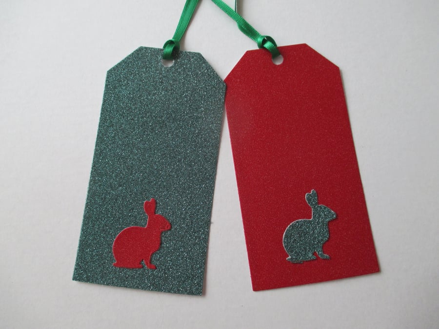 Gift Tag x 2 Bunny Rabbit Christmas Present Red White Glitter Green