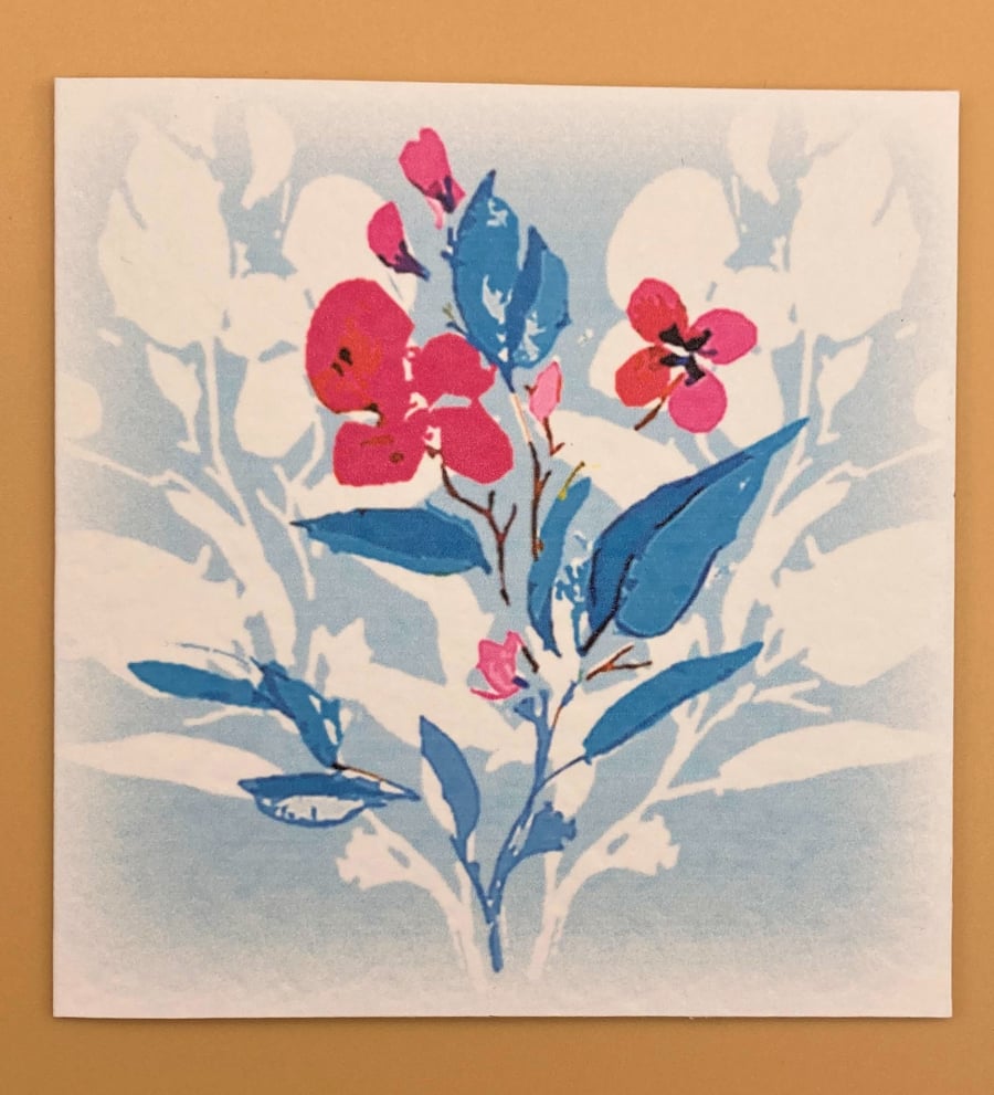 Blank Greetings Card, Blue, Pink & white flowers, pastel colours, modern design.