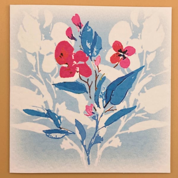 Birthday Greetings Card, Pastel Blue & pink flowers, modern floral design.