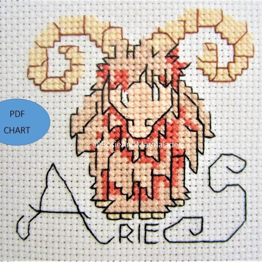 Aries zodiac star sign theme small cross stitch Instant digital PDF chart
