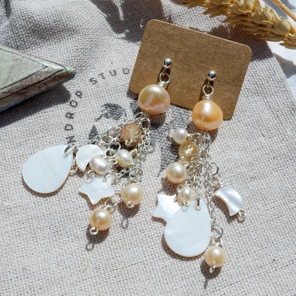Peach Pearl Earrings - Celestial Dangle Gemstone Beaded Earrings, Moon Lovers 