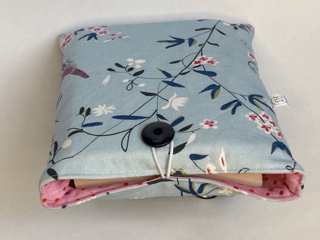 Book sleeve and bookmark. Gift for book-lover. Blue floral and pink spot.