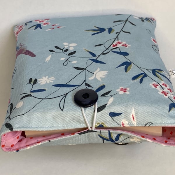 Book sleeve and bookmark. Gift for book-lover. Blue floral and pink spot.