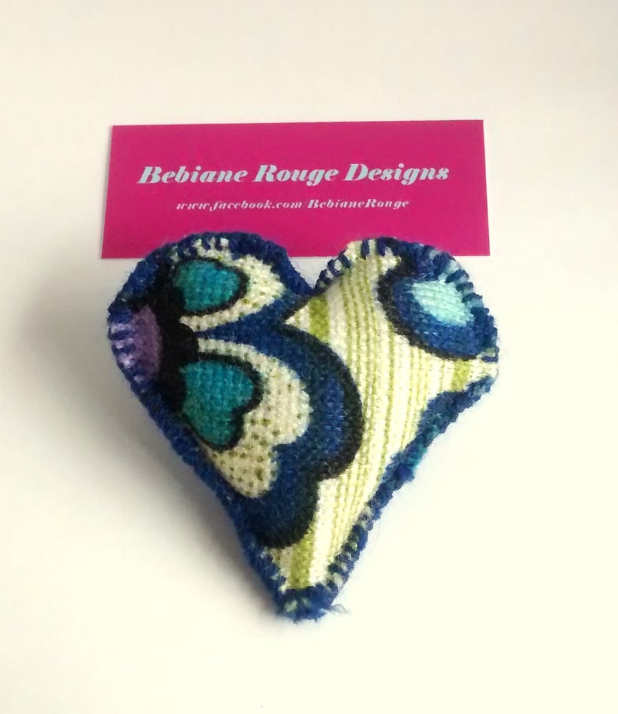 Vintage 70's Pattern Fabric Heart Brooch