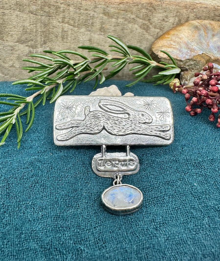 Lepus Hare Brooch with Moonstone