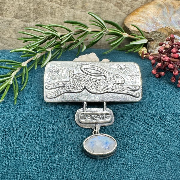 Lepus Hare Brooch with Moonstone