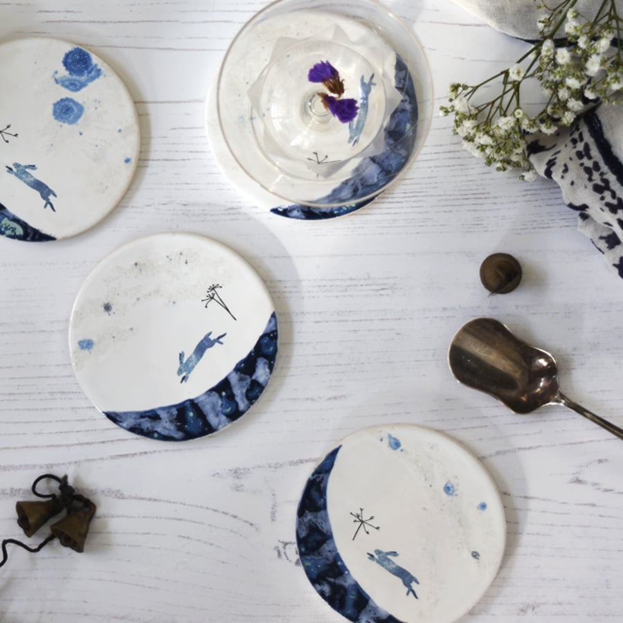hare coasters - handmade stoneware pottery