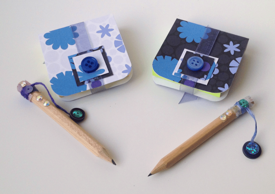 Mini Notebooks,Set of Two with Mini Decorated Pencils,Handmade Notebooks.