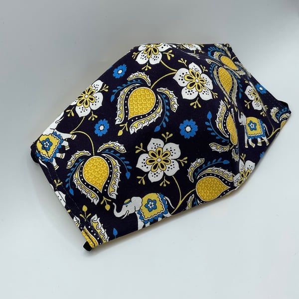 Ornate Floral and Elephant Navy Triple Layered Face Mask. 100% Cotton Fabric.