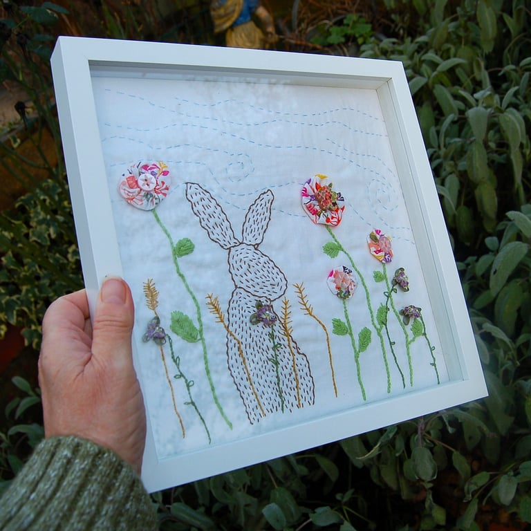 Hare in Meadow.  Hand stitched 