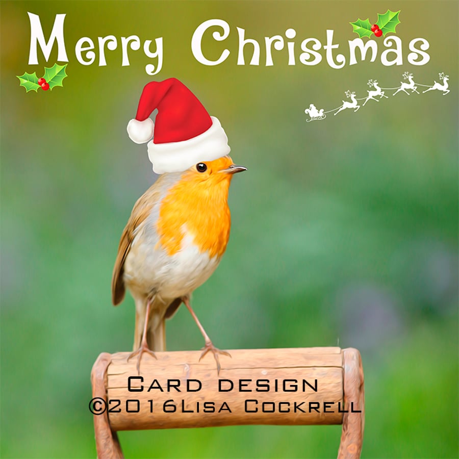 Handmade Robin In Santa Hat Christmas Card