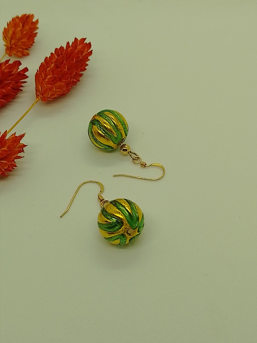 Green and Gold Murano Glass Earrings, Gold-Filled Beads and Earwires