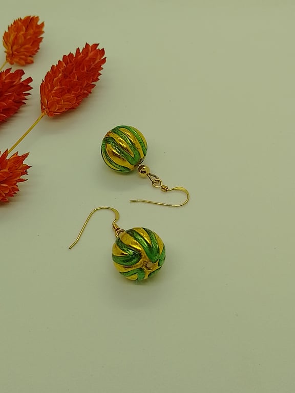 Green and Gold Murano Glass Earrings, Gold-Filled Beads and Earwires