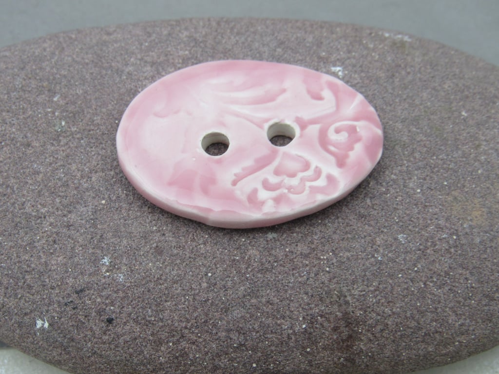 Large Shell Pink Brocade Oval Handmade Ceramic Button