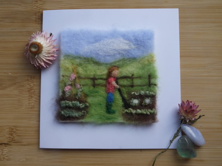 Handmade needle felted On the allotment greetings card