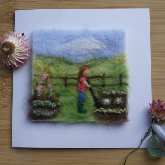 Handmade needle felted On the allotment greetings card