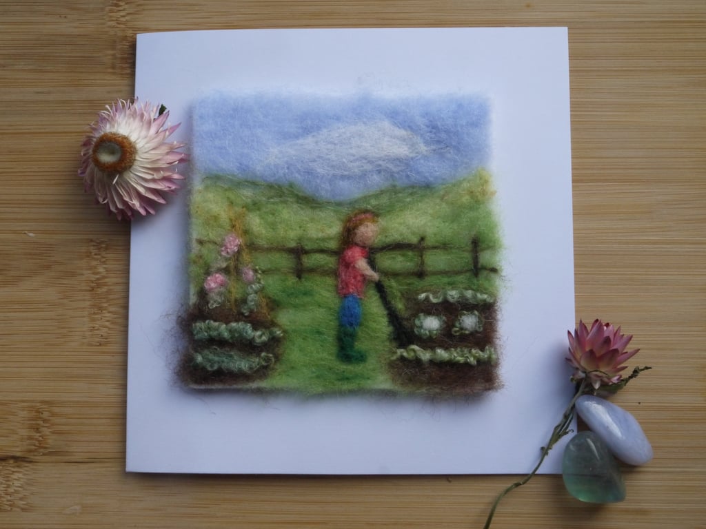 Handmade needle felted On the allotment greetings card