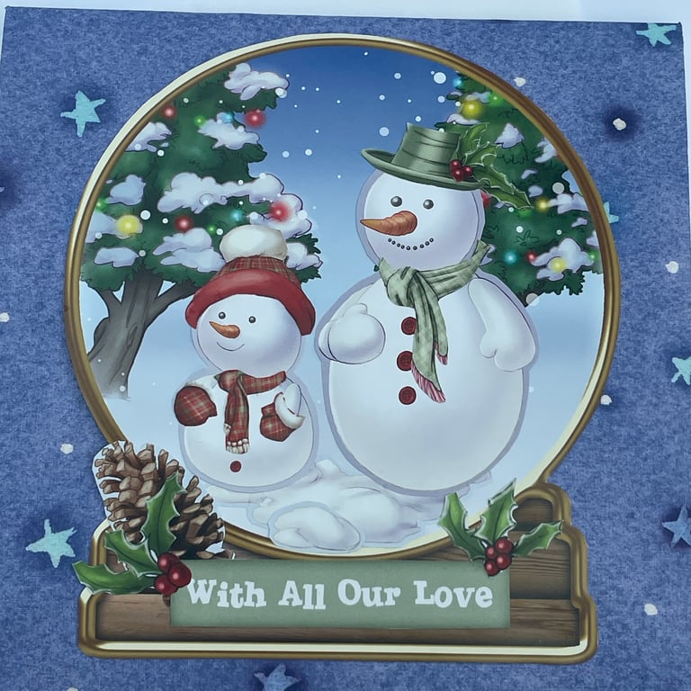 Snowmen in a snow globe With all our love Christmas card