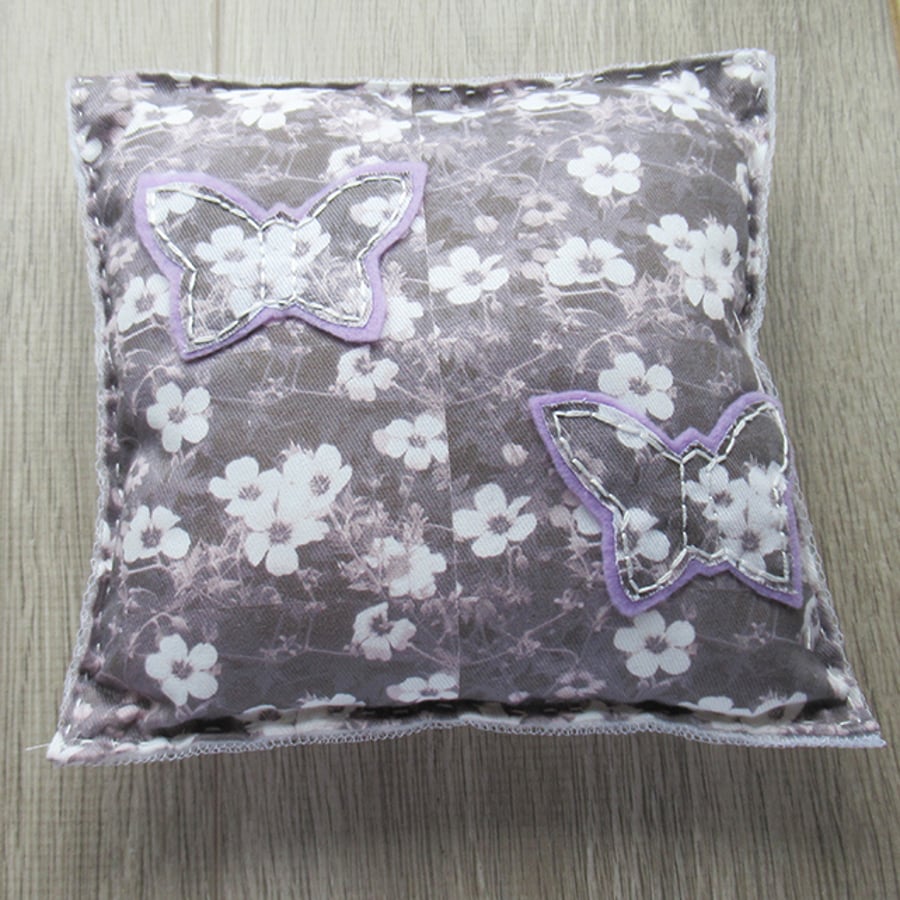 Cushion - butterflies & flowers design - silver grey & white
