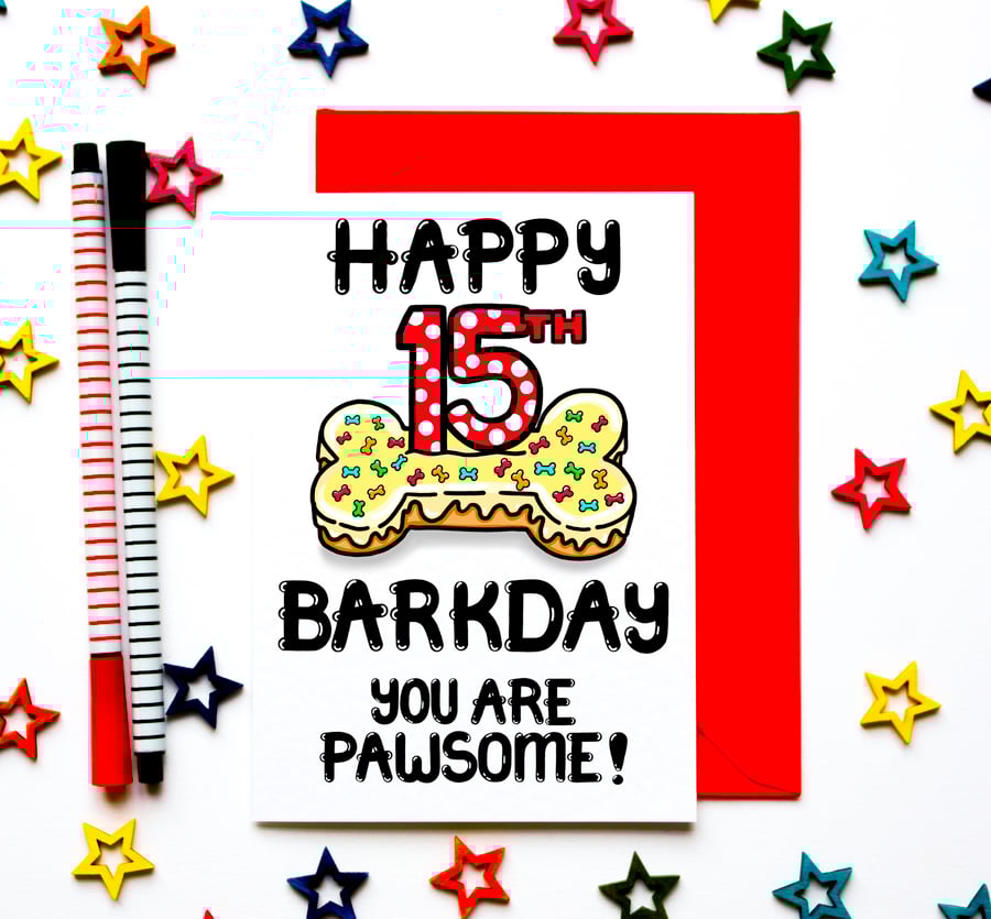 15th Birthday Card For The Dog, Cute Fifteenth Birthday Card For Puppy, Furbaby