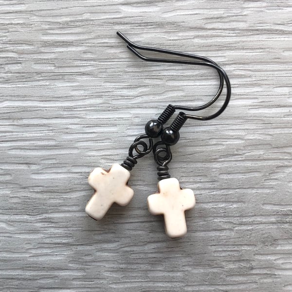 Antique white Howlite Cross Earrings. Black Brass Earrings