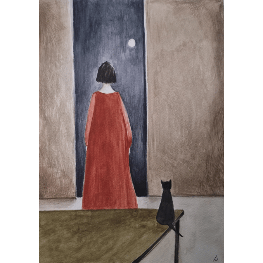 Original Watercolour Painting - Lady and Black Cat Illustration Art - A4