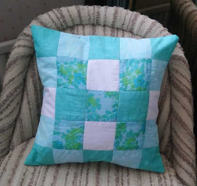 Green and white patchwork cushion cover 15x15in, 38x38cm. Lined. Wrapover back. 