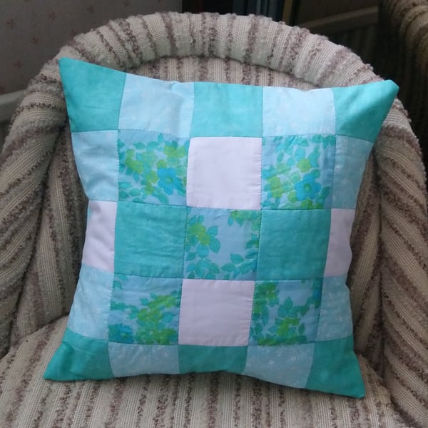 Green and white patchwork cushion cover 15x15in, 38x38cm. Lined. Wrapover back. 