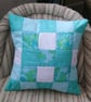 Green and white patchwork cushion cover 15x15in, 38x38cm. Lined. Wrapover back.  - Image 1