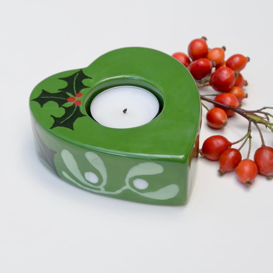 Green Holly & Mistletoe Christmas Tea Light Holder