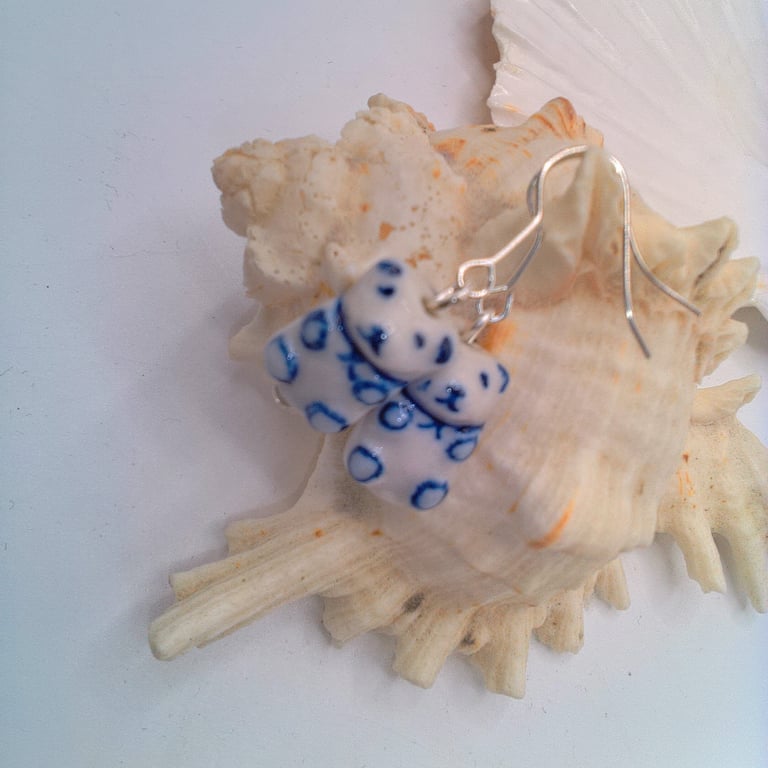 Earrings With White Ceramic Pandas with Blue Markings, Panda Earrings